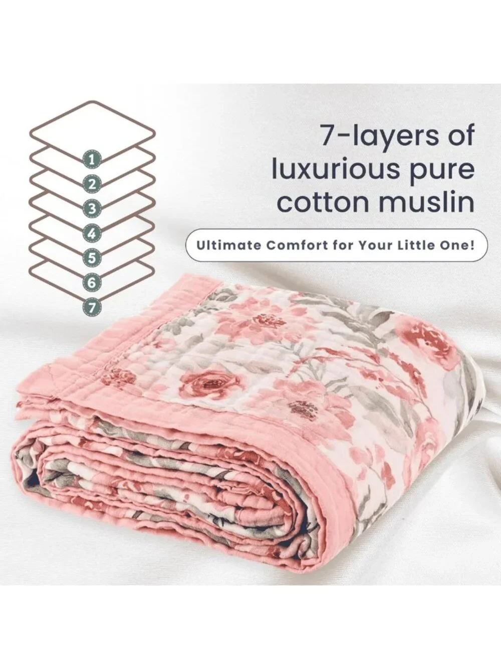 Soft Reversible Muslin Baby Blanket 48x48 - 100% Cotton, Lightweight Quilt for
